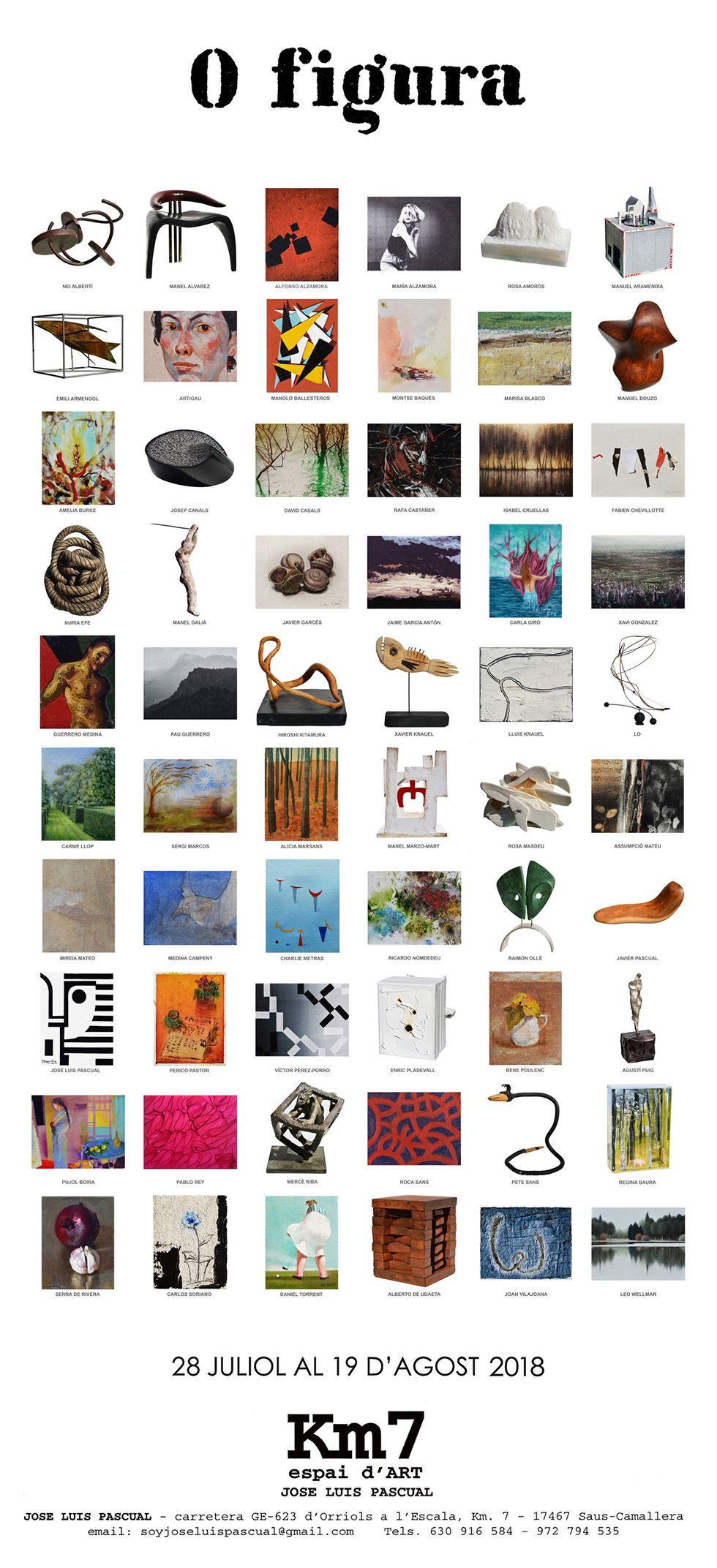 Cartel de la exposición '0 figura' en Km7 espai d'ART, con varios artistas, del 28 de julio al 19 de agosto de 2018.