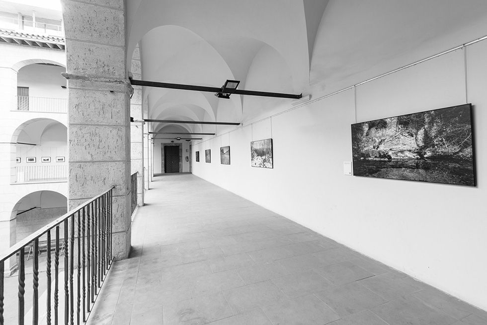 Passadís cobert en una galeria d'art amb fotografies exposades a les parets.