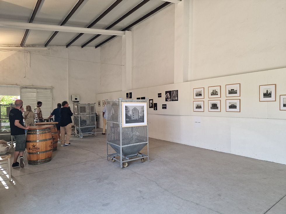 Convidats veient fotografies en una exposició en un espai de galeria industrial obert.