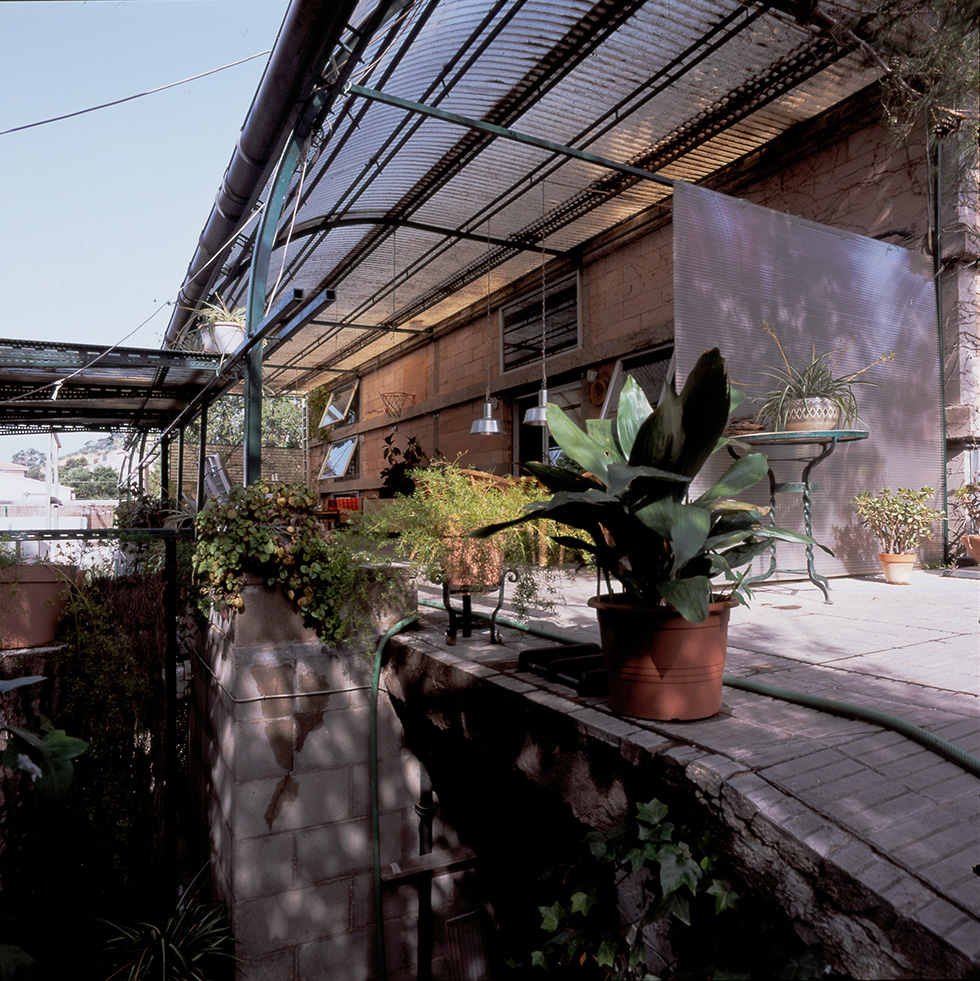 Terraced outdoor area with a translucent arched roof, various potted plants, a wooden dining table with wicker chairs.