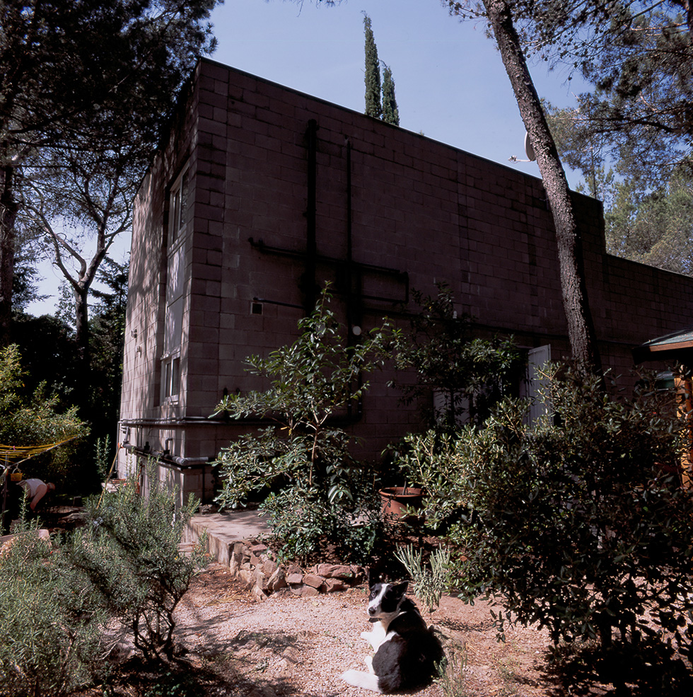 Exterior view of a concrete block house surrounded by lush greenery, with a dog lying on the ground in the foreground and trees providing shade in the background.