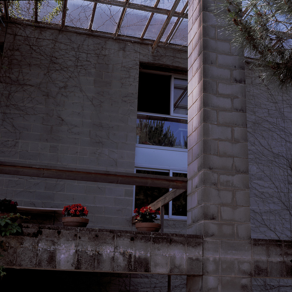 Concrete block exterior of a building with a balcony featuring potted red flowers and a metal pergola above.