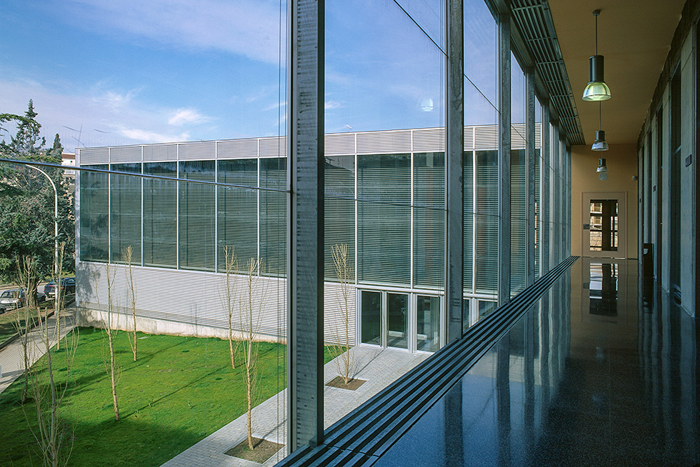 Modern building interior corridor with large windows overlooking an exterior grassy courtyard.