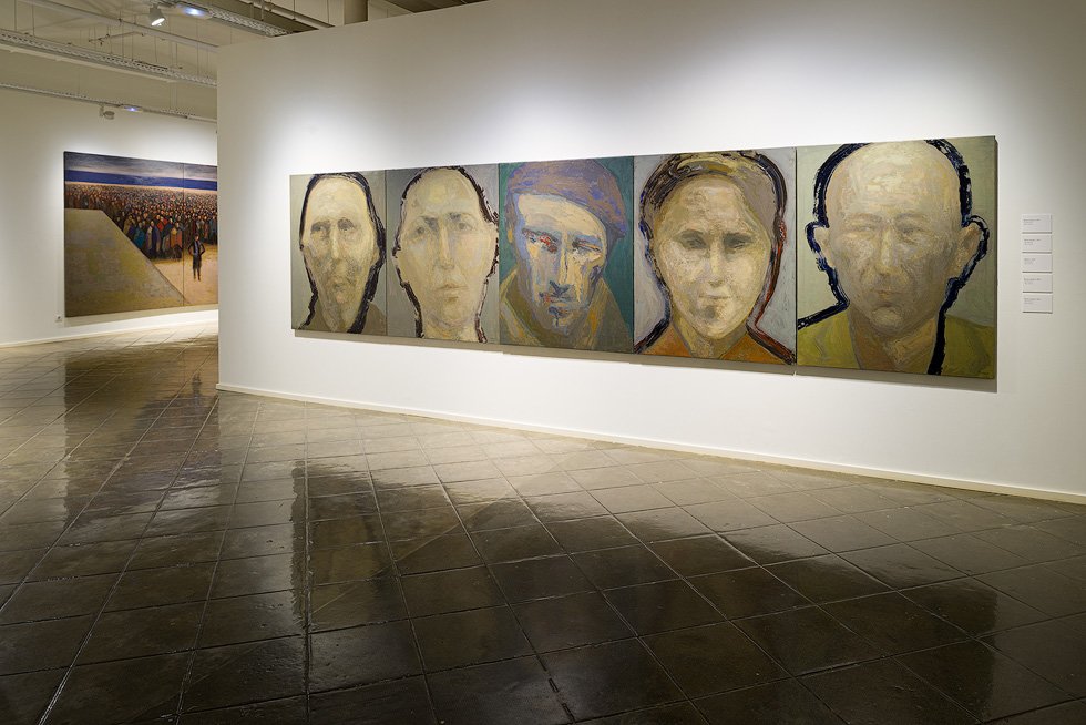 Gallery showcasing five large portrait paintings in a row on the right wall and a large mural painting in the background.