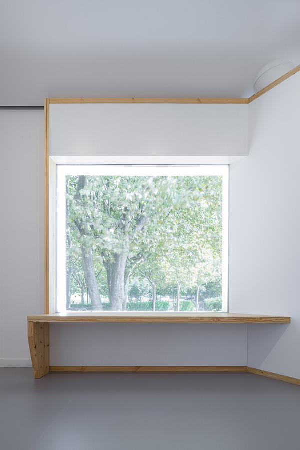 View through a large window with a wooden frame, showcasing trees and greenery outside.