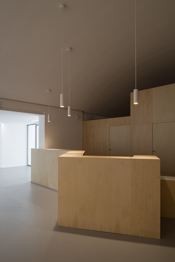 Reception area with minimalist design featuring wooden panels, pendant lighting, and a smooth, neutral floor.