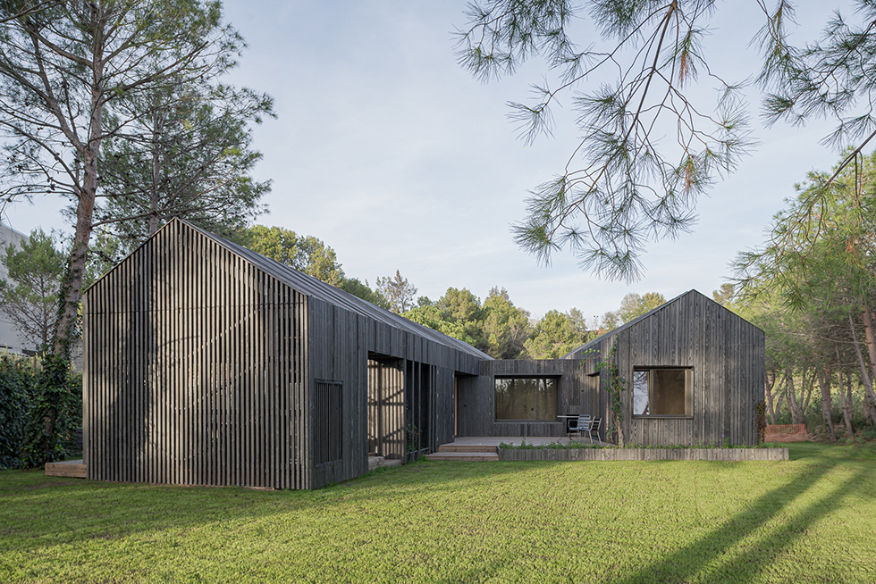 Exterior view of a modern house with two bodies, a pitched roof, dark wood cladding, large windows, and a spacious lawn surrounded by pine trees.