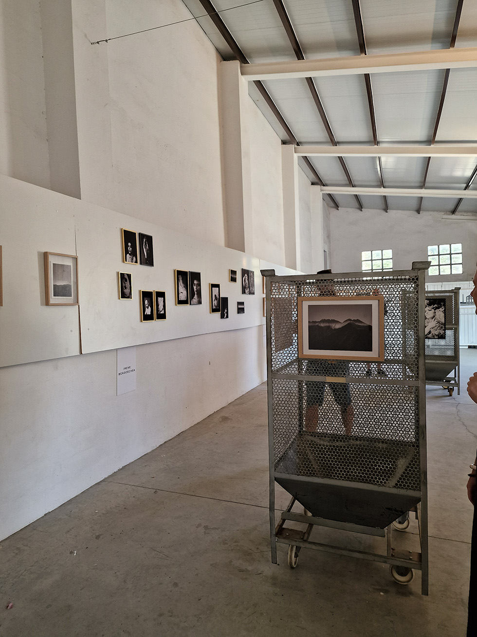 Interior of an art gallery with high ceilings and exposed beams. White walls display a series of framed photographs. In the foreground, a metal mesh display stand on wheels holds a framed landscape photograph. The concrete floor and industrial-style windows suggest a converted warehouse space.