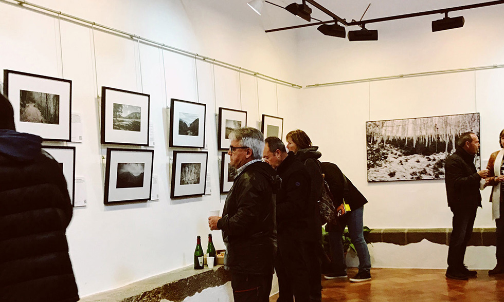 Several people are viewing framed photographs in a gallery. The photographs are hung on a white wall, and the viewers seem to be deeply engaged in examining the artwork. Some people are holding drinks, suggesting an opening reception.