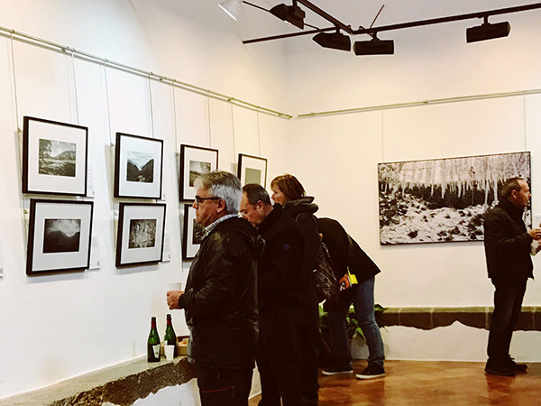 Several people are viewing framed photographs in a gallery, some people are holding drinks, suggesting an opening reception.