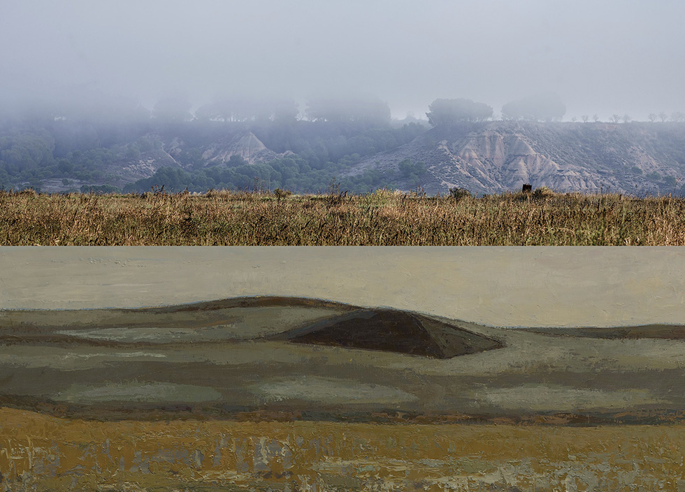 Diptych featuring a misty landscape photograph of a field with hills in the background on the top and an abstract painting of a landscape on the bottom.