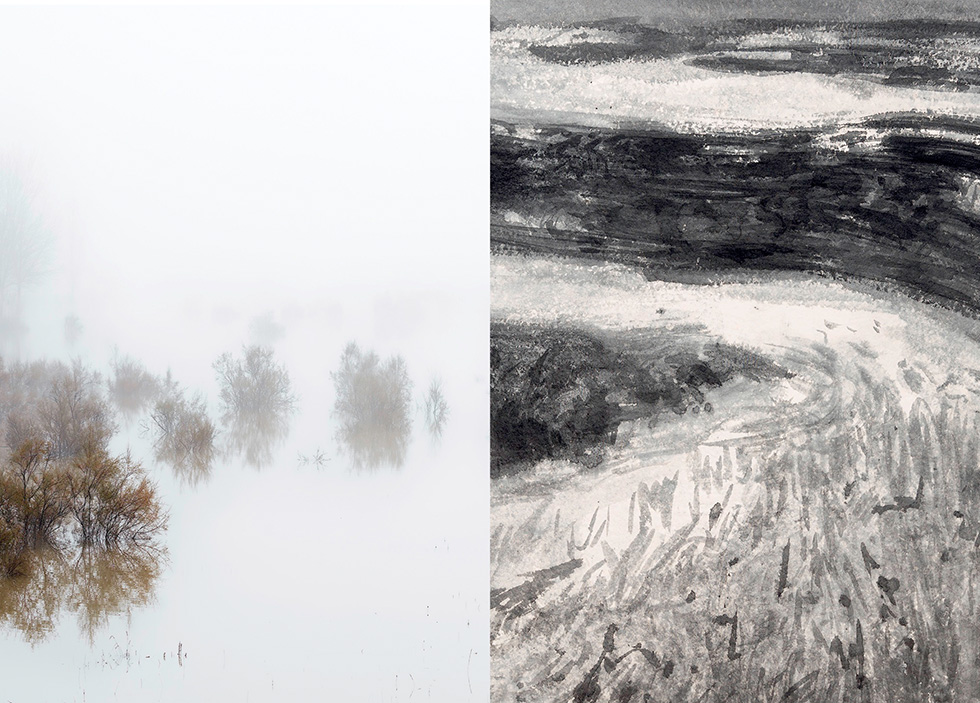 Diptych featuring a photograph of a foggy landscape with trees and their reflections in water on the left and an abstract monochromatic painting of a similar landscape on the right.