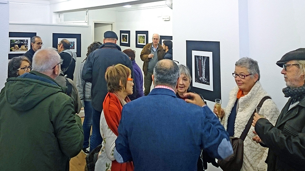 A group of people mingling and conversing at a photo exhibition, with framed photographs displayed on the walls.