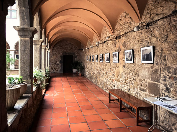 A row of framed photographs displayed on a stone wall in the covered corridor of a cloister with arches, potted plants, and benches.