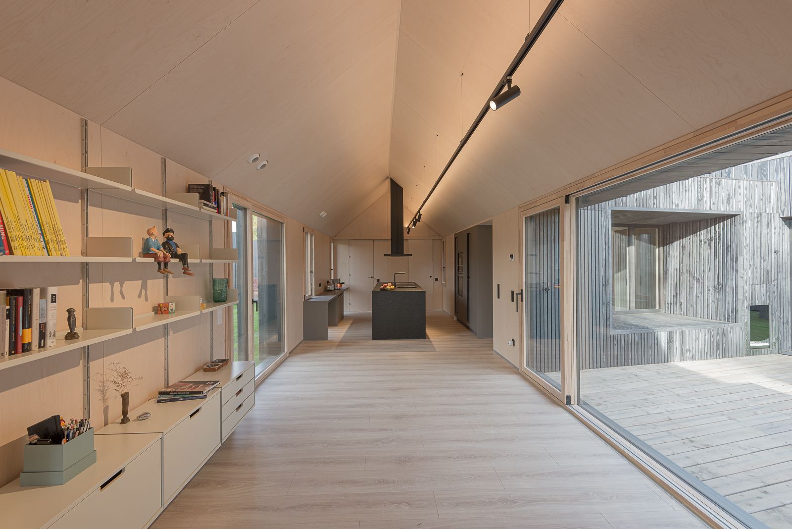 Una cocina moderna y área de estar con un techo alto inclinado, iluminación de riel, suelo de madera clara, estanterías integradas y grandes puertas y ventanas de vidrio.