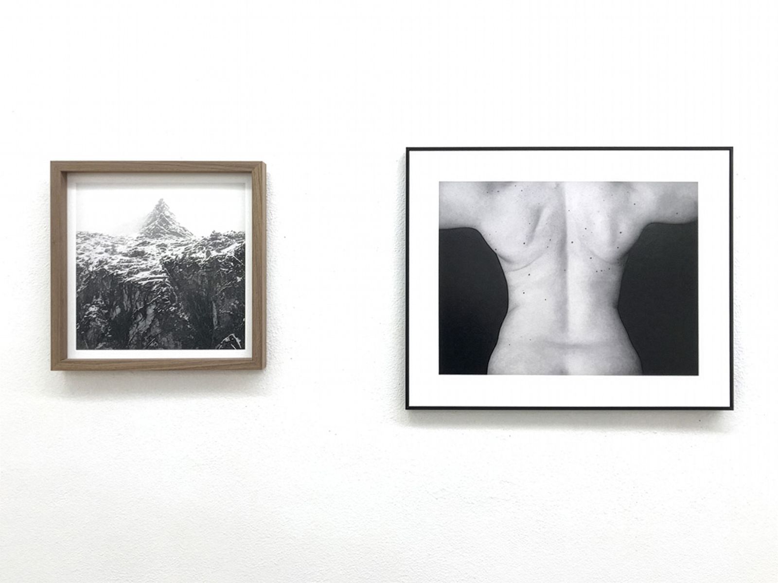Dues fotografies emmarcades en blanc i negre: una d'un cim de muntanya i una de l'esquena d'una persona, exposades en una paret blanca de galeria.