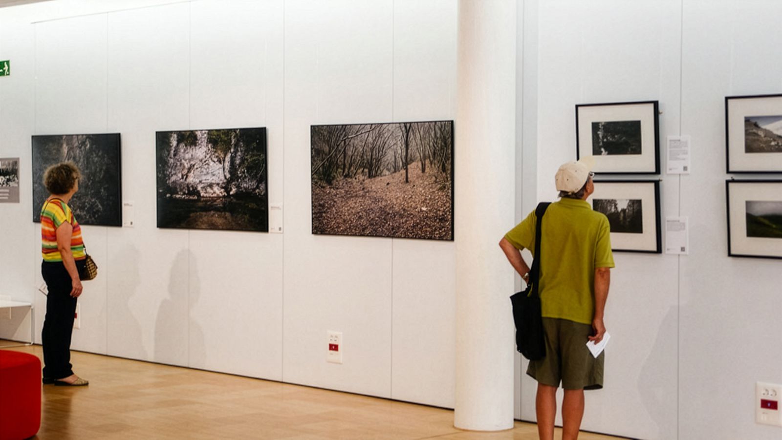 Dues persones veient fotografies en una galeria d'art, amb grans imatges sense emmarcar a la paret esquerra i fotografies emmarcades més petites a la dreta.