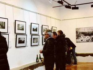 Varias personas están viendo fotografías enmarcadas en una galería, algunas personas sostienen bebidas, sugiriendo una recepción de inauguración.