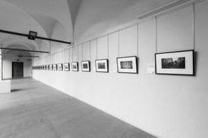 Serie de fotografias enmarcadas colgadas en una larga hilera en la pared del antiguo hospicio de Olot.